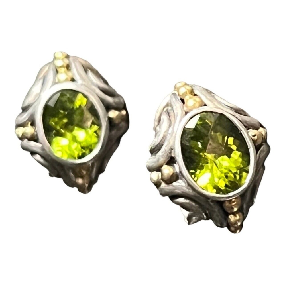 BJC Samuel Benham Sterling Silver Sign 14k Gold Oval Peridot Stud Omega Earrings